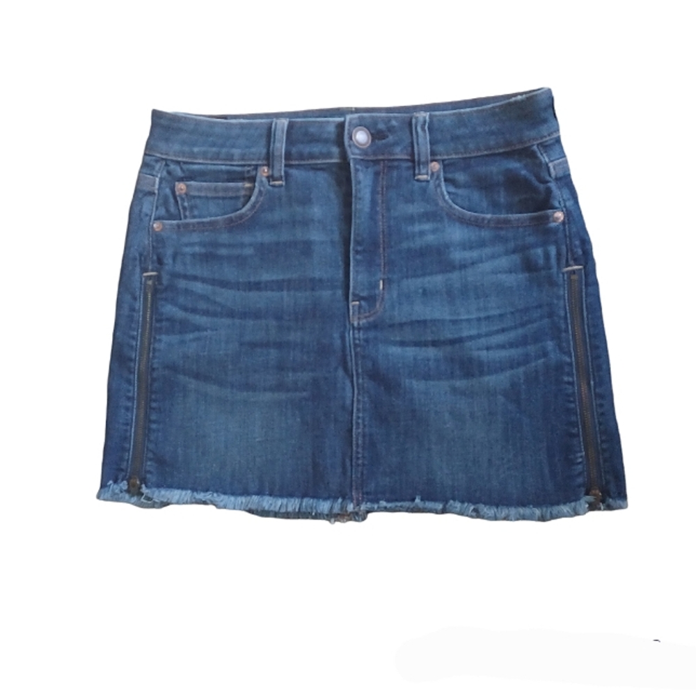 American Eagle HI Rise Mini Next level stretch x blue denim skirt  size 8